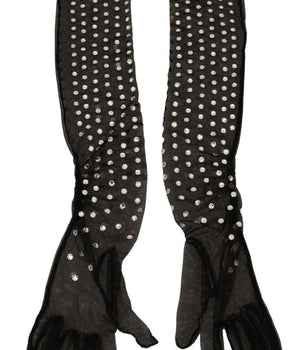 Dolce & Gabbana Black Crystal Elbow Length Cotton Tulle Gloves