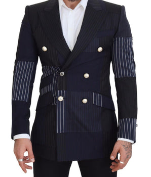 Dolce & Gabbana Blue Wool Patchwork Double Breasted Blazer