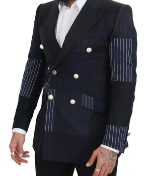 Dolce & Gabbana Blue Wool Patchwork Double Breasted Blazer