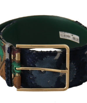 Dolce & Gabbana Green Jaquard Embroid Leather Gold Metal Belt