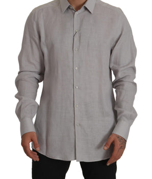 Dolce & Gabbana Gray Linen Long Sleeves Formal GOLD Shirt