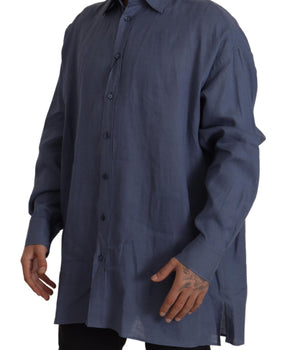 Dolce & Gabbana Dark Blue Linen Slim Fit Dress Formal Men Shirt