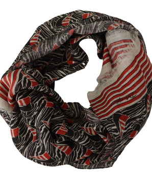 Dolce & Gabbana Black Red Linen Sailboat Stripe Print Shawl Scarf