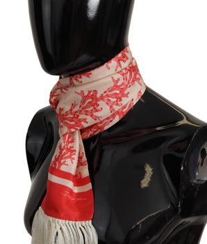 Dolce &amp; Gabbana White Red Coral Print Shawl Wrap Fringe Scarf