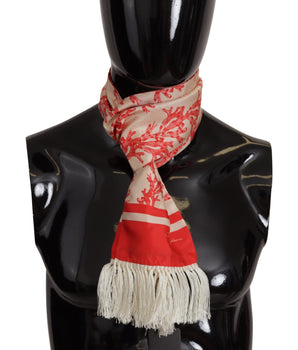 Dolce &amp; Gabbana White Red Coral Print Shawl Wrap Fringe Scarf