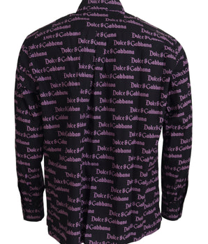 Dolce & Gabbana Black Purple Logo Slim Dress Formal Shirt