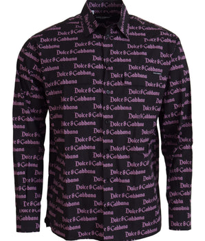 Dolce & Gabbana Black Purple Logo Slim Dress Formal Shirt