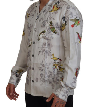 Dolce &amp; Gabbana White Bird Print Silk Satin Casual Shirt