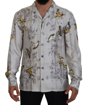 Dolce &amp; Gabbana White Bird Print Silk Satin Casual Shirt