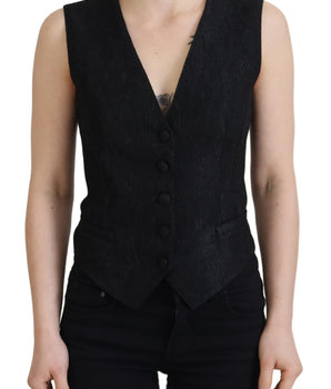 Dolce & Gabbana Black Brocade Button Down Sleeveless Vest Top