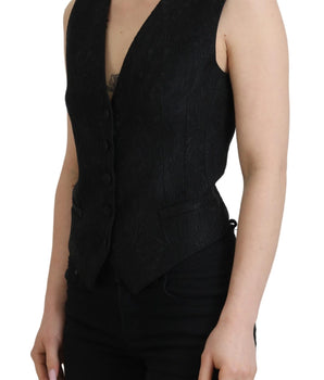Dolce & Gabbana Black Brocade Button Down Sleeveless Vest Top