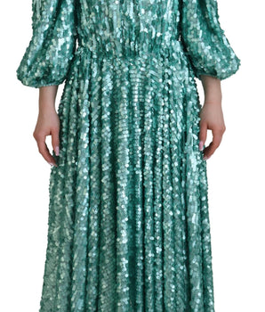 Dolce &amp; Gabbana Blue Sequined Pleated Aline Midi Nylon Dress