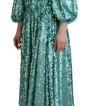 Dolce &amp; Gabbana Blue Sequined Pleated Aline Midi Nylon Dress