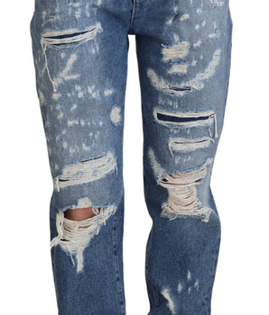 Dolce &amp; Gabbana Blue Washed Cotton Tattered Denim Jeans