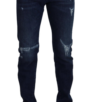 Dolce & Gabbana Blue Cotton Skinny Tattered Denim Jeans
