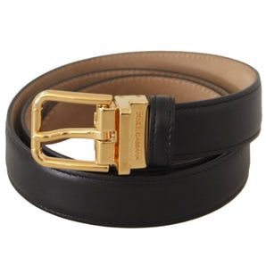 Dolce &amp; Gabbana Elegant Black Leather Belt with Engraved Metal Buckle