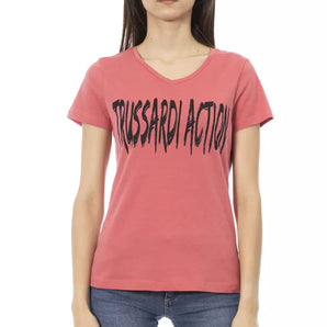 Trussardi Action Elegante camiseta rosa con cuello de pico y estampado chic