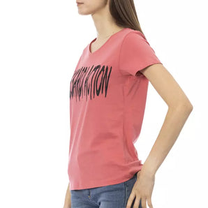 Trussardi Action Elegante camiseta rosa con cuello de pico y estampado chic