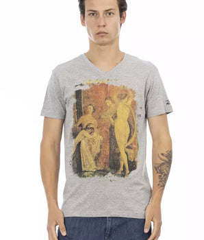 Trussardi Camiseta de Hombre de Algodón Gris con Cuello de Pico Action