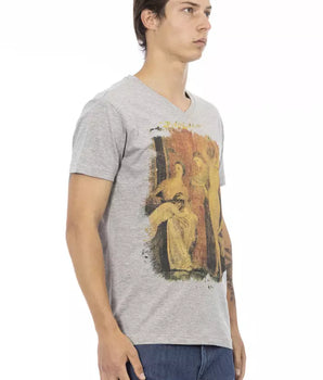 Trussardi Camiseta de Hombre de Algodón Gris con Cuello de Pico Action