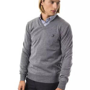 Uominitaliani Jersey de lana merino extrafina con cuello de pico bordado