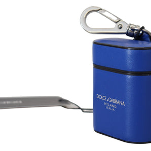 Dolce & Gabbana Blue Leather Silver Metal Logo Airpods Case
