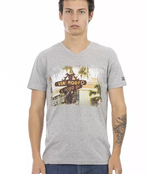 Trussardi Camiseta de Hombre de Algodón Gris con Cuello de Pico Action