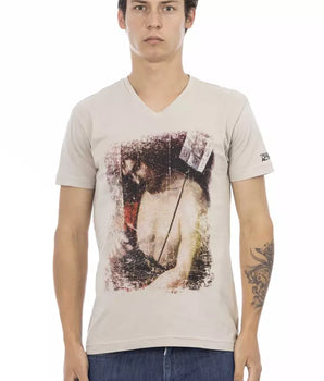 Trussardi Action Beige Cotton Men V-neck T-shirt