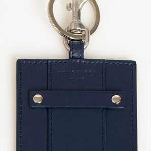 Elegante porta credencial Trussardi de piel azul con llavero