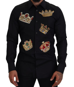 Dolce & Gabbana Black Gold Crown Slim Fit Dress Formal Shirt