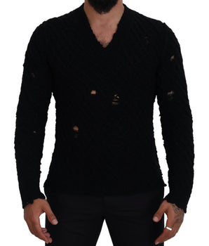Dolce & Gabbana Black Wool V-neck Knitted Pullover Sweater