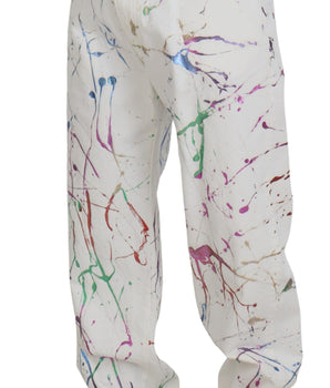 Dolce & Gabbana White Cotton Color Splash Print Denim Pants