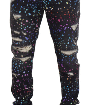 Dolce & Gabbana Black Multicolor Print Tattered Denim Jeans