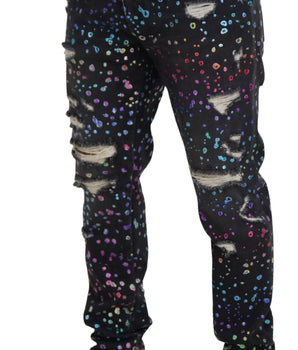Dolce & Gabbana Black Multicolor Print Tattered Denim Jeans