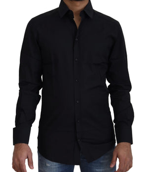 Dolce & Gabbana Black Cotton Slim Fit Formal Dress GOLD Shirt