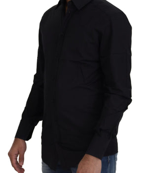 Dolce & Gabbana Black Cotton Slim Fit Formal Dress GOLD Shirt