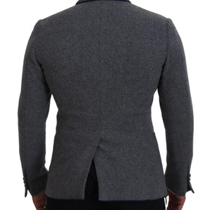 Dolce & Gabbana Elegant Gray Wool Blazer with Blue Rose Embroidery