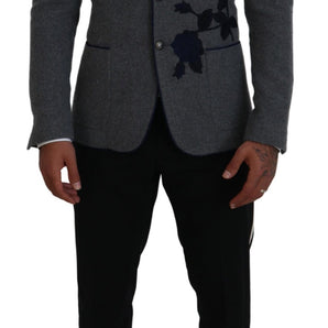 Dolce & Gabbana Elegant Gray Wool Blazer with Blue Rose Embroidery