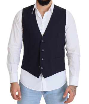 Dolce & Gabbana Dark Blue Wool Stretch Waistcoat Formal Vest