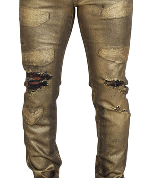 Dolce & Gabbana Gold Cotton Tattered Skinny Men Denim Jeans