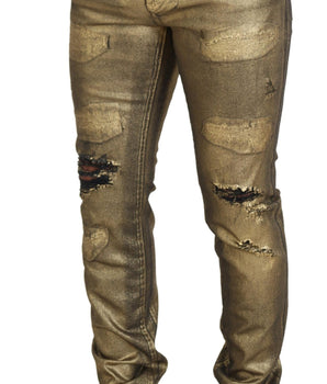 Dolce & Gabbana Gold Cotton Tattered Skinny Men Denim Jeans
