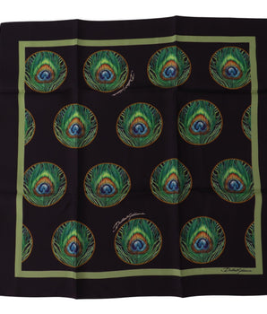 Dolce & Gabbana Black Peacock Feather DG Printed Square Handkerchief Scarf