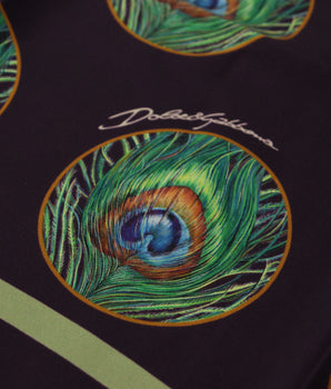 Dolce & Gabbana Black Peacock Feather DG Printed Square Handkerchief Scarf