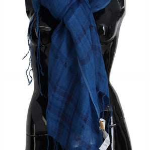 Costume National Chic Linen Fringed Scarf in Blue Checkered