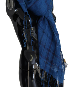 Costume National Blue Linen Shawl Foulard Fringes Scarf