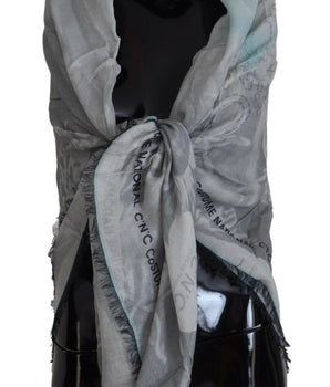 Costume National Gray Print Shawl Foulard Fringes Scarf