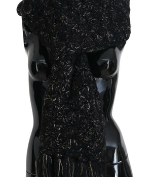 Dolce & Gabbana Black Wool Knitted Wrap Foulard Fringe Scarf