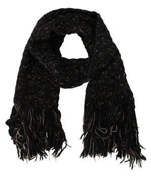 Dolce & Gabbana Black Wool Knitted Wrap Foulard Fringe Scarf