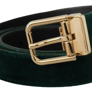 Dolce &amp; Gabbana Emerald Velvet Designer Belt with Golden Buckle