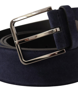 Dolce & Gabbana Navy Blue Velvet Leather Silver Logo Buckle Belt
